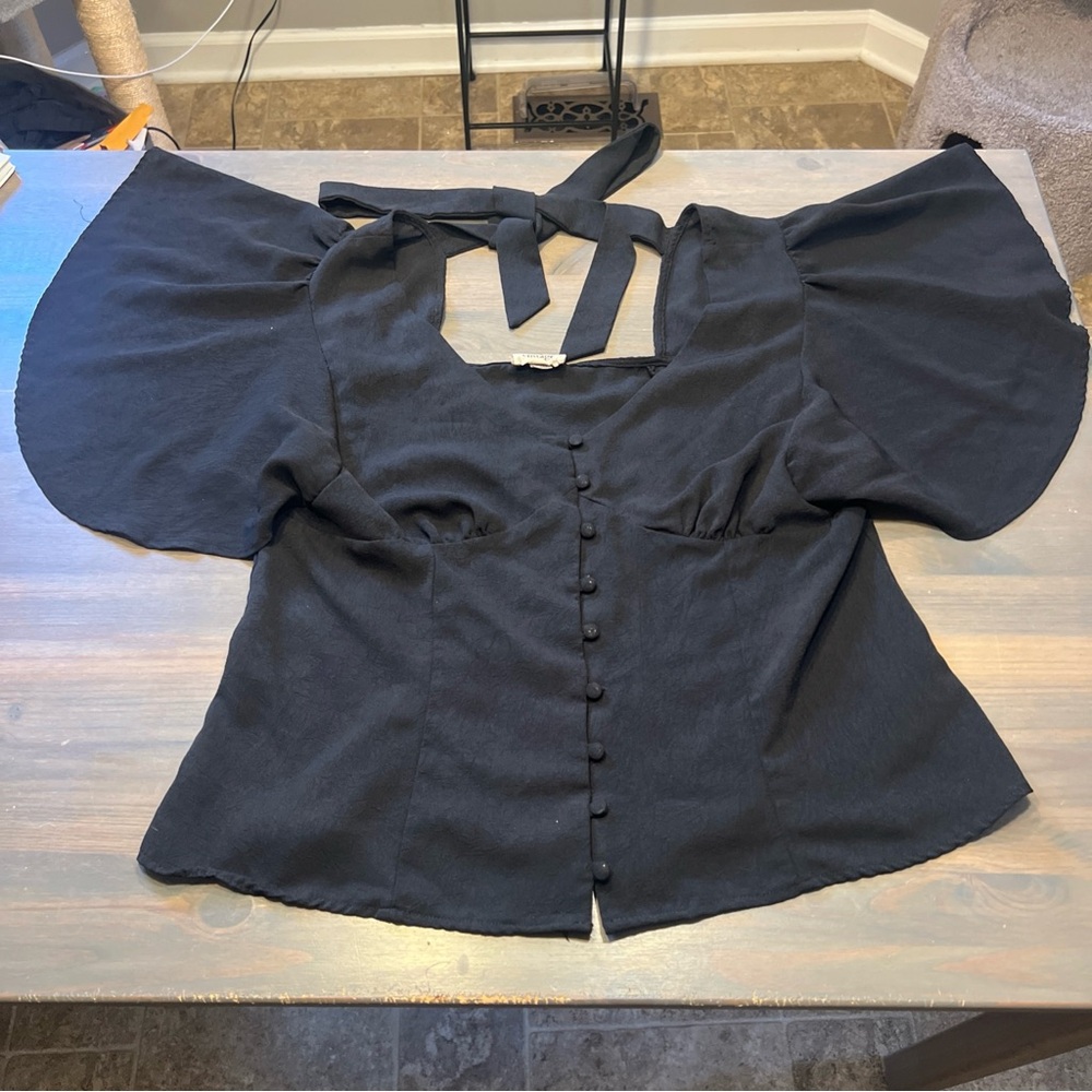 Unique Vintage Elegant Black Blouse with Tie Back